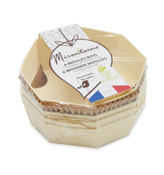 4 mini-moules en bois ø 11 cm + 8 caissettes 4 mini-moules en bois ø 11 cm + 8 caissettes