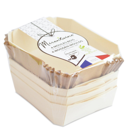 4 mini-moules rectangles en bois + 8 caissettes 4 mini-moules rectangles en bois + 8 caissettes
